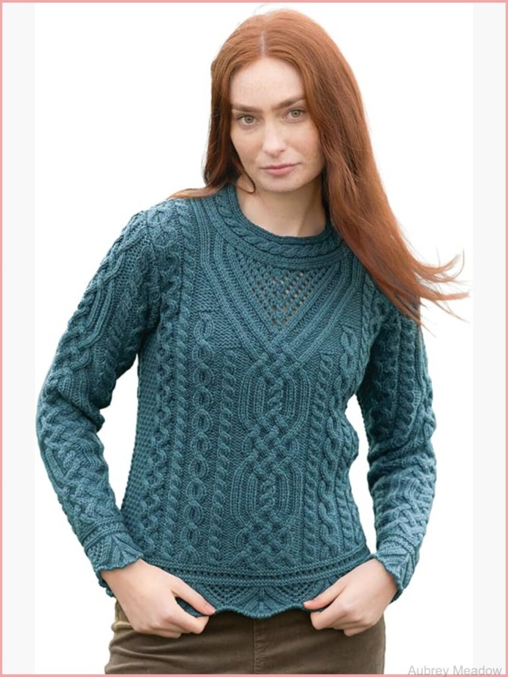 Women's Irish Scallop Lace Crew Neck Merino Wool Sweater